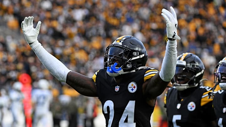 Nov 2, 2025; Pittsburgh, Pennsylvania, USA; Pittsburgh Steelers cornerback Joey Porter Jr. (24) celebrates after a play during the fourth quarter against the Indianapolis Colts at Acrisure Stadium. Mandatory Credit: Barry Reeger-Imagn Images