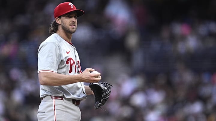 Apr 26, 2024; San Diego, California, USA; Philadelphia Phillies starting pitcher Aaron Nola (27)