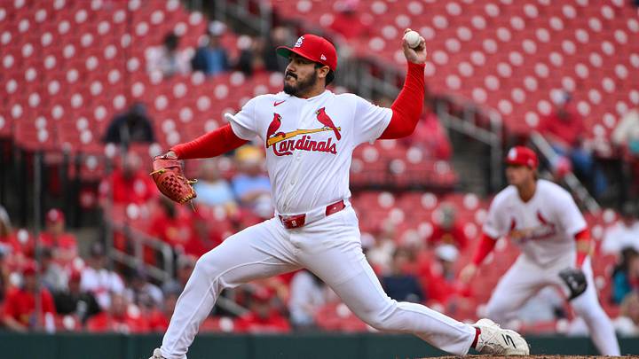 Apr 15, 2026; St. Louis, Missouri, USA; St. Louis Cardinals pitcher Jojo Romero (59) pitches against the Cleveland Guardians during the seventh inning at Busch Stadium. Players and coaches are wearing number 42 in recognition of Jackie Robinson Day. Mandatory Credit: Jeff Curry-Imagn Images
