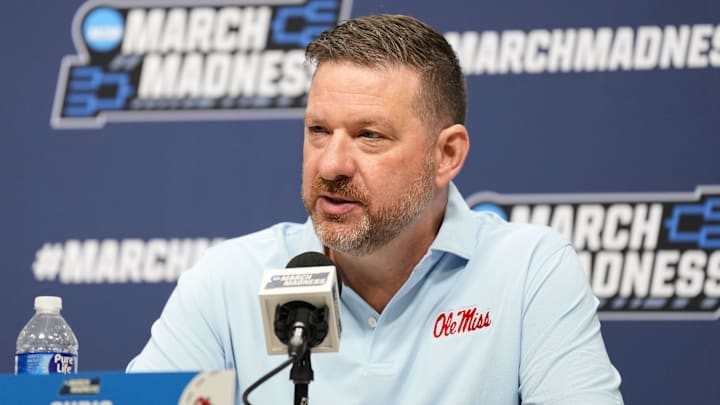 Mar 20, 2025; Milwaukee, WI, USA; Mississippi Rebels head coach Chris Beard speaks during an NCAA Tournament First Round Practice press conference at Fiserv Forum. Mandatory Credit: Jeff Hanisch-Imagn Images Mar 20, 2025; Milwaukee, WI, USA; Mississippi Rebels head coach Chris Beard speaks during an NCAA Tournament First Round Practice press conference at Fiserv Forum. Mandatory Credit: Jeff Hanisch-Imagn Images