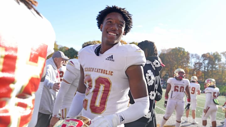 Montvale, NJ -- October 26, 2024 -- Xavier Jackson of Bergen Catholic after he returned this interception for a TD late in the game, as St. Joseph hosted Bergen Catholic in the battle of the number 6 and number 1 ranked teams in the USA Today NJ poll. Bergen won the game 28-17.