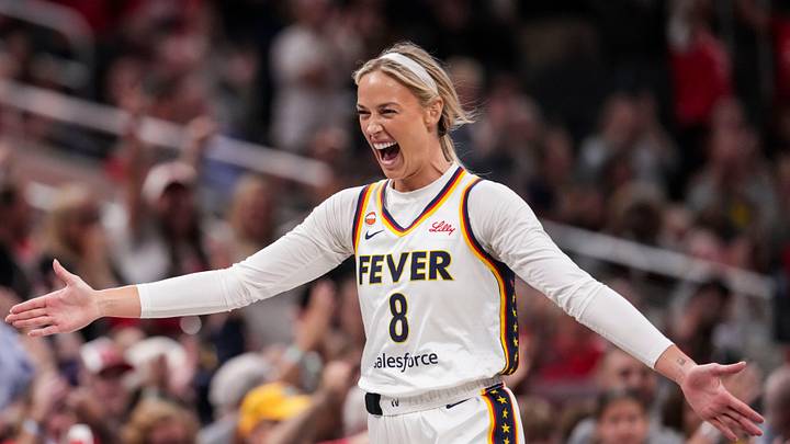 Indiana Fever guard Sophie Cunningham (8) celebrates a 3-pointer Tuesday, June 16, 2026, during the first half of a game at Gainbridge Fieldhouse in Indianapolis. Indiana Fever guard Sophie Cunningham (8) celebrates a 3-pointer Tuesday, June 16, 2026, during the first half of a game at Gainbridge Fieldhouse in Indianapolis.