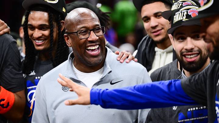 May 25, 2026; Cleveland, Ohio, USA; New York Knicks head coach Mike Brown reacts after defeating the Cleveland Cavaliers in game four of the eastern conference finals for the 2026 NBA playoffs at Rocket Arena.