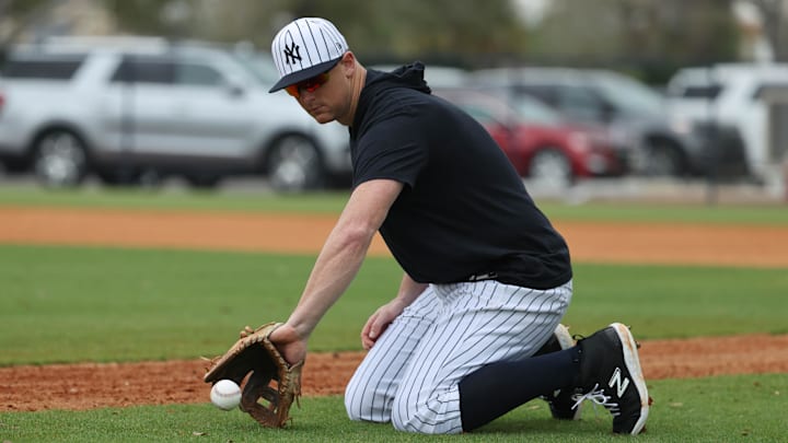 Feb 20, 2025; Tampa, FL, USA; New York Yankees third base DJ LeMahieu (26) during work outs at George M. Steinbrenner Field. Feb 20, 2025; Tampa, FL, USA; New York Yankees third base DJ LeMahieu (26) during work outs at George M. Steinbrenner Field.