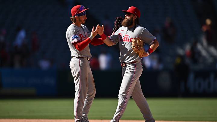Aug 30, 2026; Anaheim, California, USA; Philadelphia Phillies left fielder Brandon Marsh (16), right, is greeted by second baseman Bryson Stott (5) after defeating the Los Angeles Angels at Angel Stadium. Mandatory Credit: William Liang-Imagn Images Aug 30, 2026; Anaheim, California, USA; Philadelphia Phillies left fielder Brandon Marsh (16), right, is greeted by second baseman Bryson Stott (5) after defeating the Los Angeles Angels at Angel Stadium. Mandatory Credit: William Liang-Imagn Images