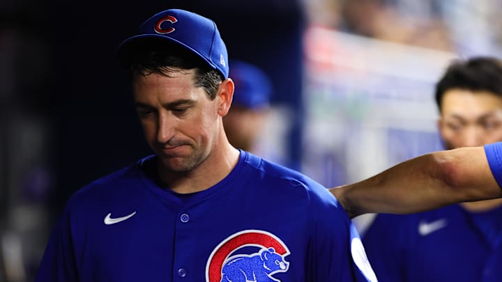 Aug 23, 2024; Miami, Florida, USA; Chicago Cubs starting pitcher Kyle Hendricks reacts from the dugout after exiting the game.