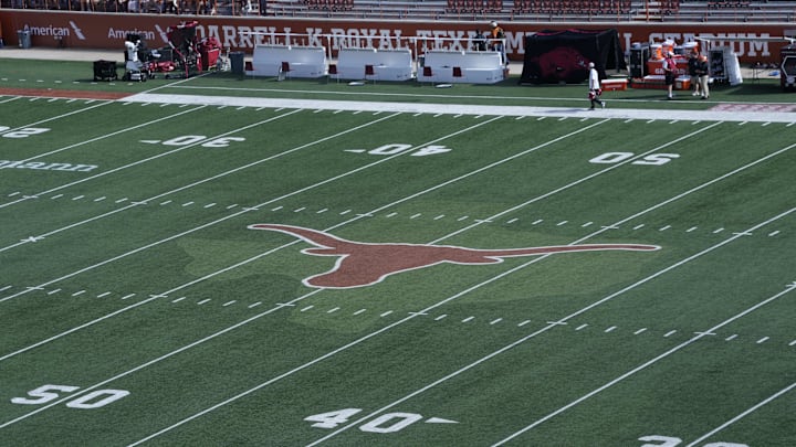 Nov 22, 2025; Austin, Texas, USA; View of the Texas Longhorns logo at midfield before a game against the Arkansas Razorbacks at Darrell K Royal-Texas Memorial Stadium. Mandatory Credit: Scott Wachter-Imagn Images Nov 22, 2025; Austin, Texas, USA; View of the Texas Longhorns logo at midfield before a game against the Arkansas Razorbacks at Darrell K Royal-Texas Memorial Stadium. Mandatory Credit: Scott Wachter-Imagn Images