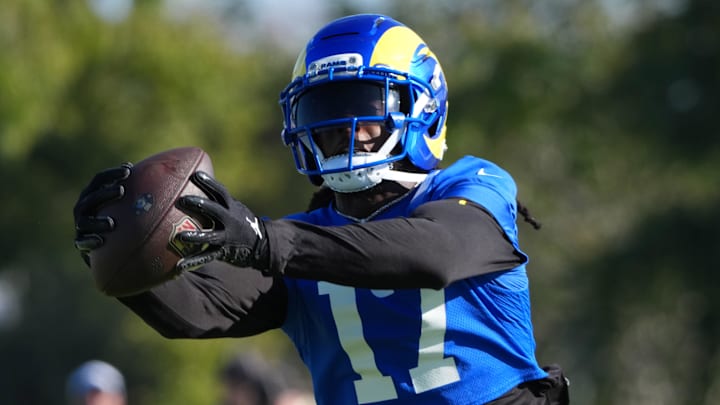 Jul 23, 2025; Los Angeles, CA, USA; Los Angeles Rams receiver Davante Adams (17) catches the ball during training camp at Loyola Marymount University. Mandatory Credit: Kirby Lee-Imagn Images