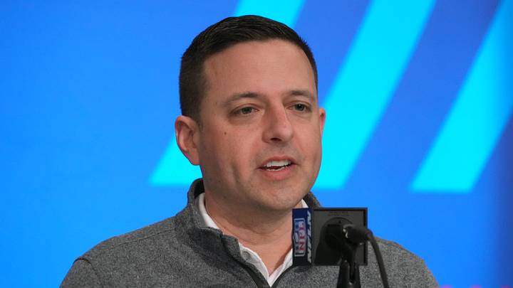 Feb 27, 2024; Indianapolis, IN, USA; New England Patriots director of scouting Eliot Wolf during the NFL Scouting Combine at Indiana Convention Center. Mandatory Credit: Kirby Lee-Imagn Images Feb 27, 2024; Indianapolis, IN, USA; New England Patriots director of scouting Eliot Wolf during the NFL Scouting Combine at Indiana Convention Center. Mandatory Credit: Kirby Lee-Imagn Images