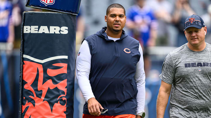 Aug 26, 2023; Chicago, Illinois, USA; Chicago Bears general manager Ryan Poles looks on before a game against the Buffalo Bills at Soldier Field. Mandatory Credit: Daniel Bartel-Imagn Images