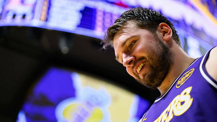 Mar 27, 2026; Los Angeles, California, USA; Los Angeles Lakers guard Luka Doncic (77) reacts after scoring during the second half against the Brooklyn Nets at Crypto.com Arena. Mandatory Credit: William Liang-Imagn Images Mar 27, 2026; Los Angeles, California, USA; Los Angeles Lakers guard Luka Doncic (77) reacts after scoring during the second half against the Brooklyn Nets at Crypto.com Arena. Mandatory Credit: William Liang-Imagn Images