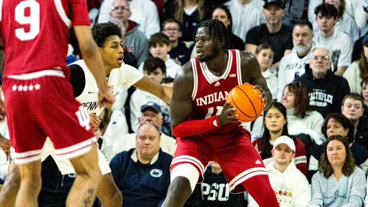Indiana's Oumar Ballo (11) guarded by Penn State's Miles Goodman (8) at the Palestra.
