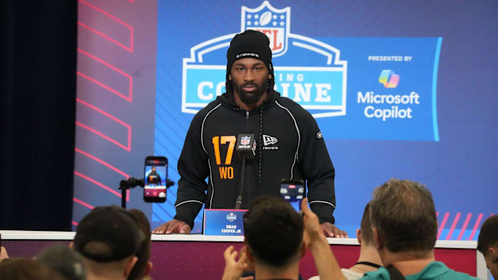 Indiana University wide receiver Omar Cooper Jr. speaks with the media at the 2026 NFL Combine.