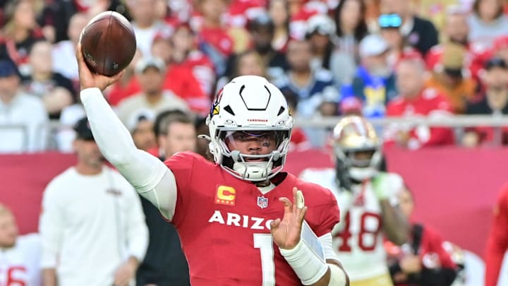 Jan 5, 2025; Glendale, Arizona, USA;  Arizona Cardinals quarterback Kyler Murray (1) throws in the second half against the San Francisco 49ers at State Farm Stadium. Mandatory Credit: Matt Kartozian-Imagn Images