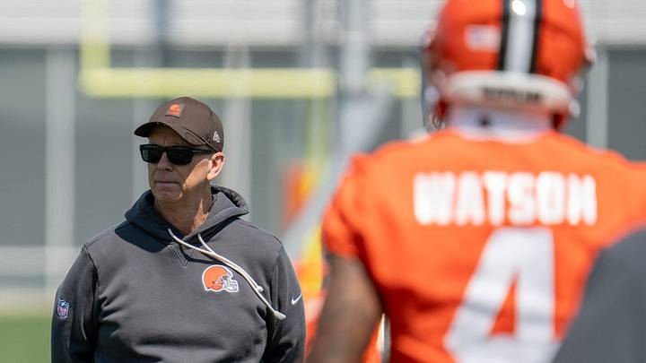 Coach Todd Monken watches quarterbacks practice, including Deshaun Watson, at the Browns mini camp in Berea on April 21, 2026.