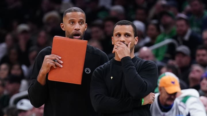 Dec 14, 2023; Boston, Massachusetts, USA; Boston Celtics head coach Joe Mazzulla and assistant coach Charles Lee watch from the sideline as they take on the Cleveland Cavaliers at TD Garden. Mandatory Credit: David Butler II-USA TODAY Sports
