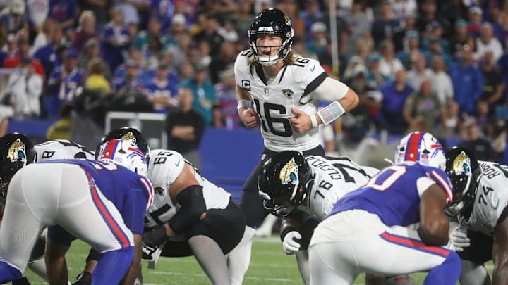 Jacksonville Jaguars quarterback Trevor Lawrence calls out a play during second half action at Highmark Stadium in Orchard Park on Sept. 23, 2024. Jacksonville Jaguars quarterback Trevor Lawrence calls out a play during second half action at Highmark Stadium in Orchard Park on Sept. 23, 2024.