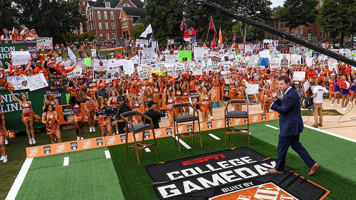 Clemson head coach Dabo Swinney claps and interacts with the fans during ESPN College GameDay in October 2022.