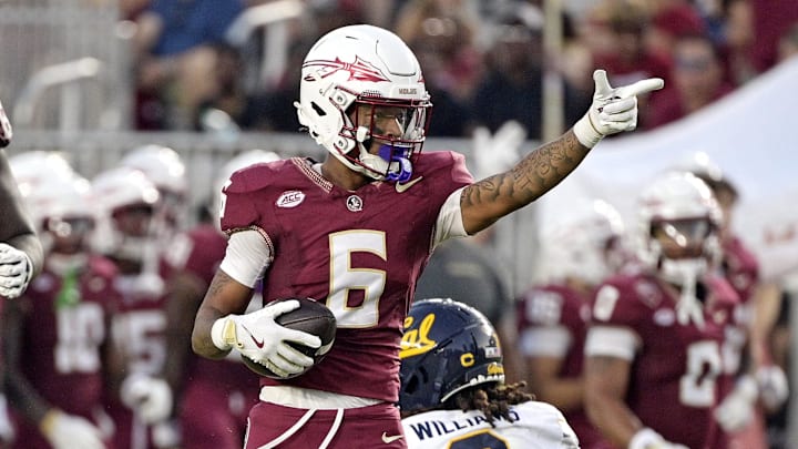 Sep 21, 2024; Tallahassee, Florida, USA; Florida State Seminoles wide receiver Jalen Brown (6) signals first down after a catch during the first half against the California Golden Bears at Doak S. Campbell Stadium. Mandatory Credit: Melina Myers-Imagn Images