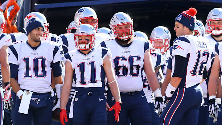 Jan 24, 2016; Denver, CO, USA; New England Patriots quarterback Jimmy Garoppolo (10), wide receiver