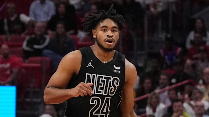 Nov 1, 2023; Miami, Florida, USA; Brooklyn Nets guard Cam Thomas (24) dribbles the ball up the court against the Miami Heat during the first half at Kaseya Center. Mandatory Credit: Jasen Vinlove-Imagn Images