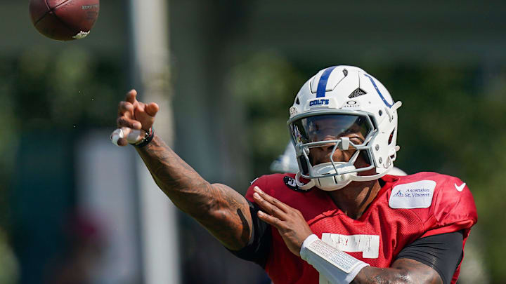 Indianapolis Colts quarterback Anthony Richardson Sr. (5) throws the ball Sunday, Aug. 10, 2025, during Indianapolis Colts Training Camp at Grand Park in Westfield. Indianapolis Colts quarterback Anthony Richardson Sr. (5) throws the ball Sunday, Aug. 10, 2025, during Indianapolis Colts Training Camp at Grand Park in Westfield.