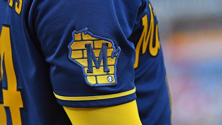 Jul 19, 2023; Philadelphia, Pennsylvania, USA; Milwaukee Brewers logo patch on the jersey of catcher William Contreras (24) against the Philadelphia Phillies Citizens Bank Park. Mandatory Credit: Eric Hartline-Imagn Images Jul 19, 2023; Philadelphia, Pennsylvania, USA; Milwaukee Brewers logo patch on the jersey of catcher William Contreras (24) against the Philadelphia Phillies Citizens Bank Park. Mandatory Credit: Eric Hartline-Imagn Images