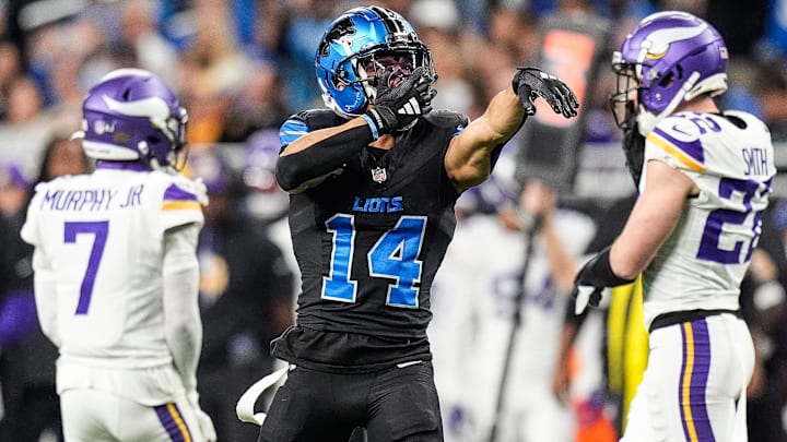 Detroit Lions wide receiver Amon-Ra St. Brown (14) celebrates a first down against Minnesota Vikings during the second half at Ford Field in Detroit on Sunday, Jan. 5, 2025.