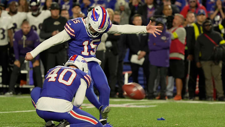 Bills Matt Prater kicks the ball for the field goal winning the Bills game over the Baltimore Ravens at Highmark Stadium in Orchard Park on Sept. 7, 2025.