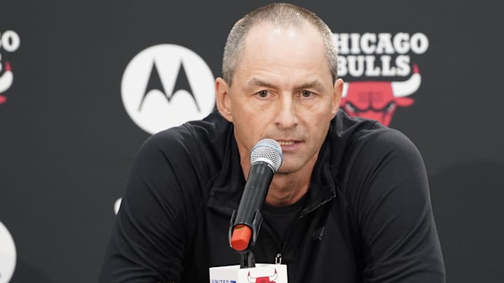 Oct 2, 2023; Chicago, IL, USA; Chicago Bulls executive vice president of basketball operations Arturas Karnisovas during Chicago Bulls Media Day at Advocate Center. Mandatory Credit: David Banks-Imagn Images