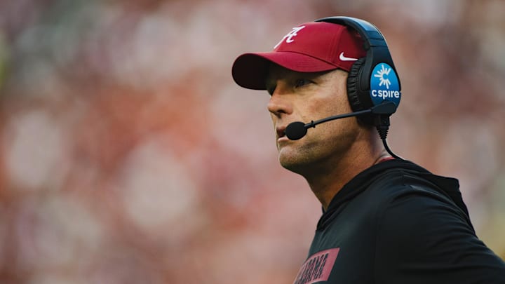 Sep 7, 2024; Tuscaloosa, Alabama, USA; Alabama Crimson Tide head coach Kalen DeBoer walks along the sideline during the first quarter at Bryant-Denny Stadium. Mandatory Credit: William McLelland-Imagn Images