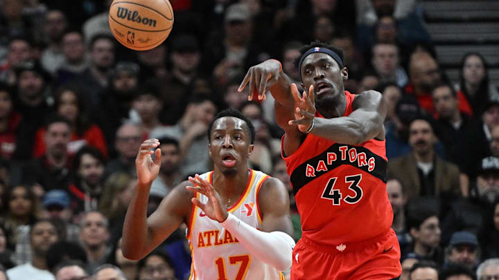 Dec 13, 2023; Toronto, Ontario, CAN;   Toronto Raptors forward Pascal Siakam (43) passes the ball