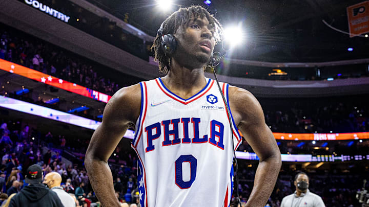 Jan 31, 2022; Philadelphia, Pennsylvania, USA; Philadelphia 76ers guard Tyrese Maxey (0) is interviewed after a victory against the Memphis Grizzlies at Wells Fargo Center. Mandatory Credit: Bill Streicher-Imagn Images Jan 31, 2022; Philadelphia, Pennsylvania, USA; Philadelphia 76ers guard Tyrese Maxey (0) is interviewed after a victory against the Memphis Grizzlies at Wells Fargo Center. Mandatory Credit: Bill Streicher-Imagn Images