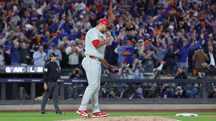 Oct 9, 2024; New York, New York, USA; Philadelphia Phillies pitcher Carlos Estevez (53) reacts after giving up a grand slam to New York Mets shortstop Francisco Lindor (not pictured) in the sixth inning  in game four of the NLDS for the 2024 MLB Playoffs at Citi Field. Mandatory Credit: Brad Penner-Imagn Images