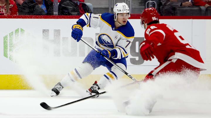 Mar 16, 2024; Detroit, Michigan, USA;  Buffalo Sabres right wing JJ Peterka (77) skates with the puck defended by Detroit Red Wings right wing Patrick Kane (88) in the first period at Little Caesars Arena. Mandatory Credit: Rick Osentoski-Imagn Images