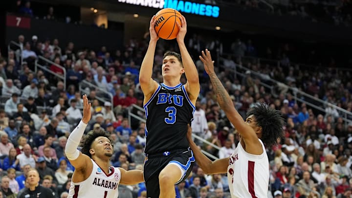Mar 27, 2025; Newark, NJ, USA; Brigham Young Cougars guard Egor Demin (3) drives to the basket against Alabama Crimson Tide guard Mark Sears (1) during the second half during an East Regional semifinal of the 2025 NCAA tournament at Prudential Center. Mandatory Credit: Robert Deutsch-Imagn Images Mar 27, 2025; Newark, NJ, USA; Brigham Young Cougars guard Egor Demin (3) drives to the basket against Alabama Crimson Tide guard Mark Sears (1) during the second half during an East Regional semifinal of the 2025 NCAA tournament at Prudential Center. Mandatory Credit: Robert Deutsch-Imagn Images