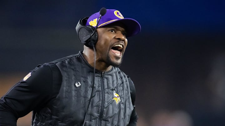 Jan 13, 2025; Glendale, AZ, USA; Minnesota Vikings defensive coordinator Brian Flores against the Los Angeles Rams during an NFC wild card game at State Farm Stadium. Mandatory Credit: Mark J. Rebilas-Imagn Images