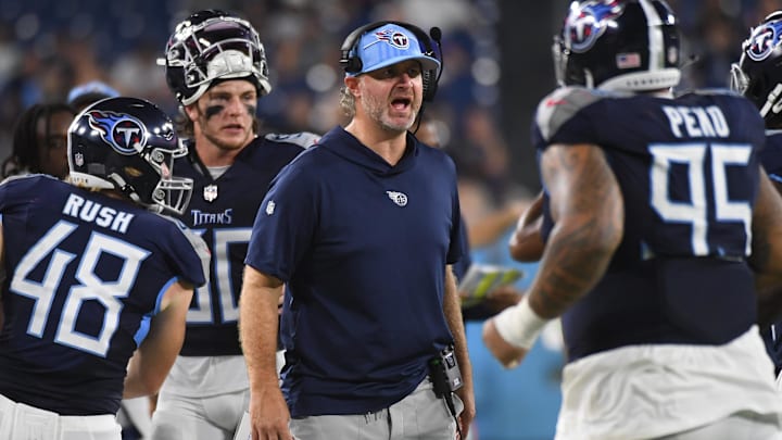 Aug 25, 2023; Nashville, Tennessee, USA; Tennessee Titans defensive coordinator Shane Bowen reacts after a defensive stop during the second half against the New England Patriots at Nissan Stadium. Mandatory Credit: Christopher Hanewinckel-Imagn Images