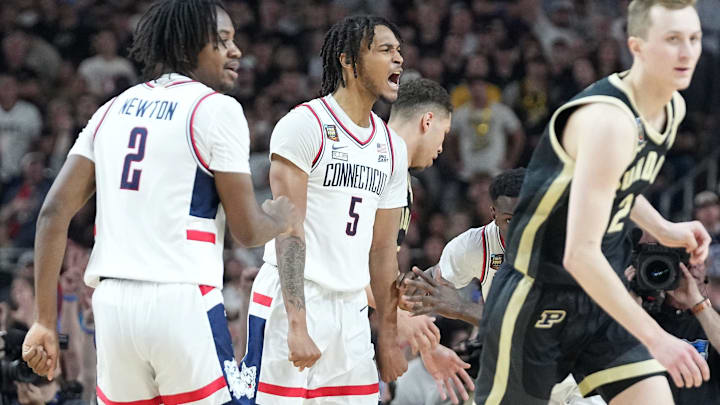 Connecticut Huskies guard Stephon Castle (5) celebrates during the NCAA Men’s Basketball Tournament