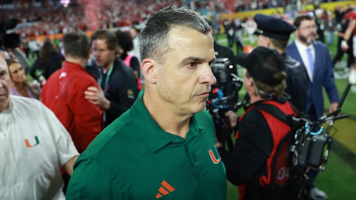 Jan 19, 2026; Miami Gardens, FL, USA; Miami Hurricanes head coach Mario Cristobal reacts after the College Football Playoff National Championship game at Hard Rock Stadium. Mandatory Credit: Mark J. Rebilas-Imagn Images
