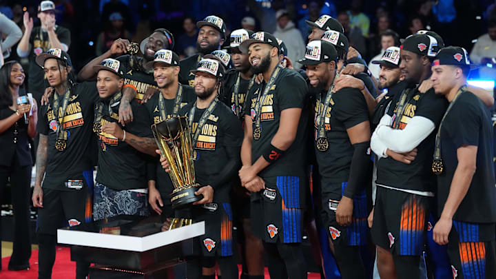 Dec 16, 2025; Las Vegas, Nevada, USA; The New York Knicks react after winning the Emirates NBA Cup Final at T-Mobile Arena. Mandatory Credit: Kirby Lee-Imagn Images