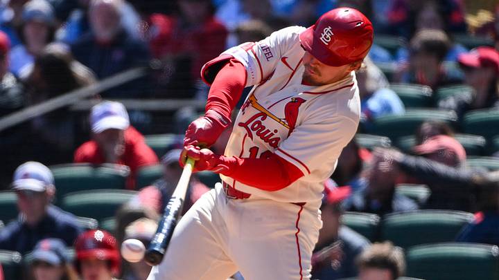 Mar 28, 2026; St. Louis, Missouri, USA; St. Louis Cardinals designated hitter Nolan Gorman (16) hits a one run single against the Tampa Bay Rays during the first inning at Busch Stadium. Mandatory Credit: Jeff Curry-Imagn Images Mar 28, 2026; St. Louis, Missouri, USA; St. Louis Cardinals designated hitter Nolan Gorman (16) hits a one run single against the Tampa Bay Rays during the first inning at Busch Stadium. Mandatory Credit: Jeff Curry-Imagn Images