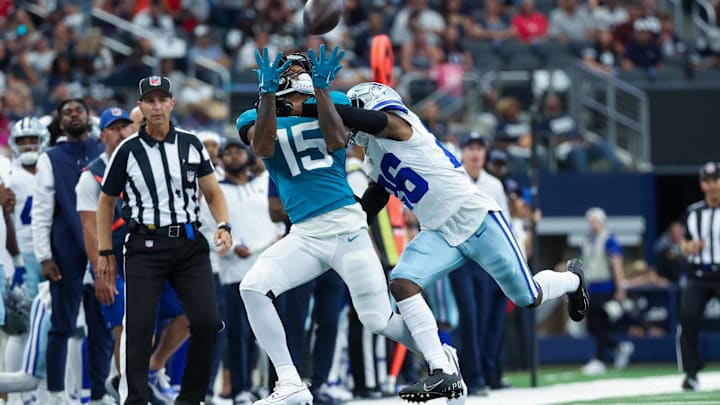 Aug 12, 2023; Arlington, Texas, USA;  Jacksonville Jaguars wide receiver Tim Jones (15) cannot make