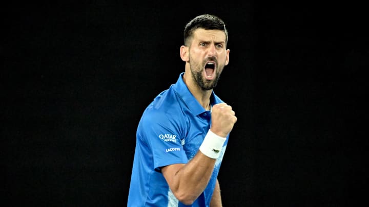 Novak Djokovic of Serbia reacts during his round three match against Tomas Machac of Czechia during the 2025 Australian Open.
