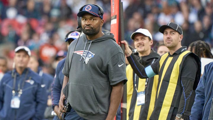 Oct 20, 2024; London, United Kingdom; New England Patriots coach Jerod Mayo in the game against the Jacksonville Jaguarsduring an NFL International Series game at Wembley Stadium.