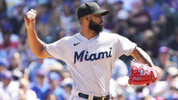 May 7, 2023; Chicago, Illinois, USA; Miami Marlins starting pitcher Sandy Alcantara (22) throws the ball against the Chicago Cubs during the first inning at Wrigley Field.