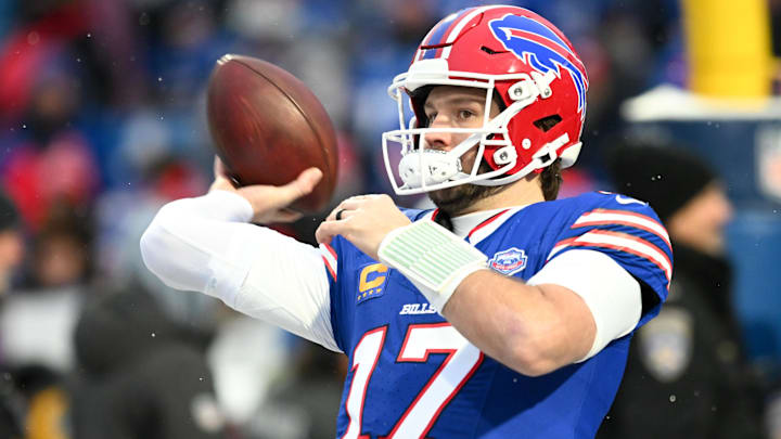 Jan 4, 2026; Orchard Park, New York, USA; Buffalo Bills quarterback Josh Allen (17) warms up before the game against the New York Jets at Highmark Stadium. Mandatory Credit: Mark Konezny-Imagn Images