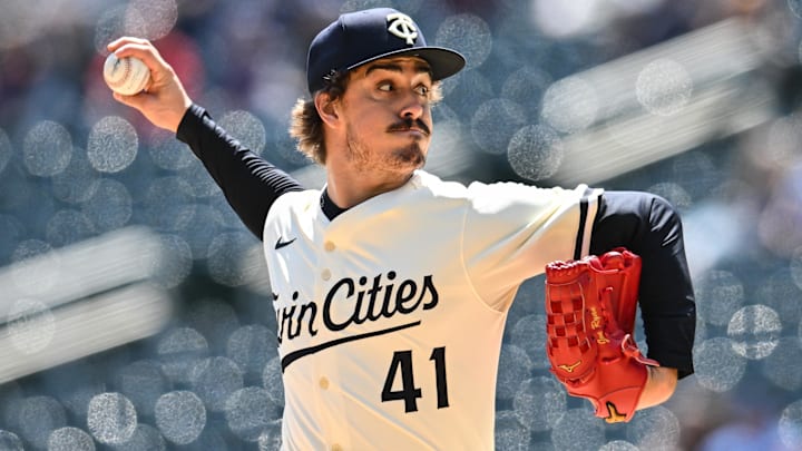 Apr 27, 2025; Minneapolis, Minnesota, USA; Minnesota Twins pitcher Joe Ryan (41) throws a pitch against the Los Angeles Angels during the first inning at Target Field. Mandatory Credit: Jeffrey Becker-Imagn Images