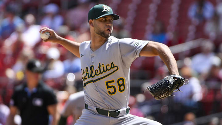 Sep 1, 2025; St. Louis, Missouri, USA;  Athletics starting pitcher Luis Morales (58) pitches against the St. Louis Cardinals during the first inning at Busch Stadium. Mandatory Credit: Jeff Curry-Imagn Images