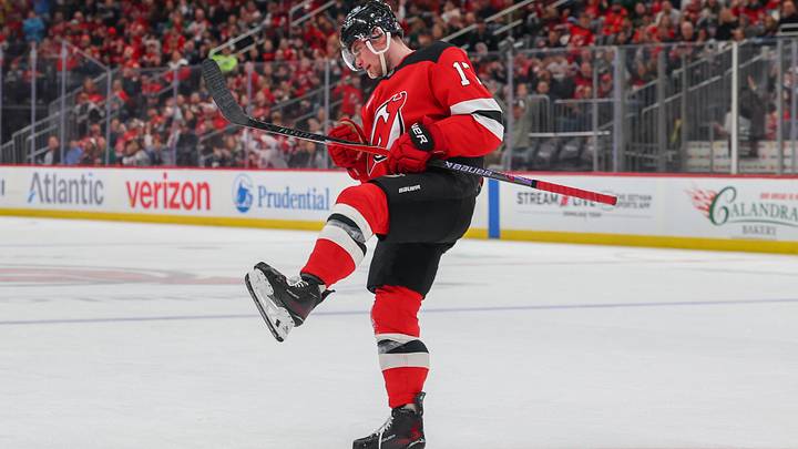 Mar 29, 2026; Newark, New Jersey, USA; New Jersey Devils defenseman Simon Nemec (17) celebrates his goal against the Chicago Blackhawks during the second period at Prudential Center. Mandatory Credit: Ed Mulholland-Imagn Images Mar 29, 2026; Newark, New Jersey, USA; New Jersey Devils defenseman Simon Nemec (17) celebrates his goal against the Chicago Blackhawks during the second period at Prudential Center. Mandatory Credit: Ed Mulholland-Imagn Images